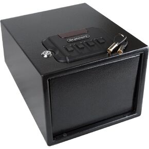 Electronic Gun Safe - Mountable Solid Steel Digital Lock Box with Spring Door, Keypad Entry, and 2 Manual Override Keys by Stalwart (Midnight Black)