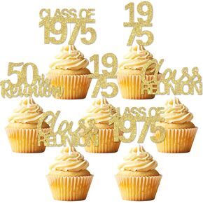 36PCS Class Class Custor Cupcake Topper Decorations Class Gold Class of 1975 Reunion Decorations 50 Year School Scholar Table Decorations for High School 50 Year Reunion Decorations