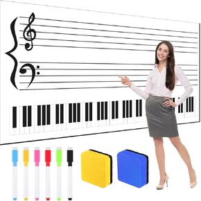 Dry Erase Music Staff Magnet Sheet for Teachers, Musicians, Students Music Staff Whiteboard 6 Pieces Markers 2 Erasers Whiteboard Dry Erase Paddles(Classic,45.5 x 24 in)