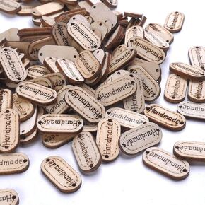 AKOAK 100 PCS Label المصنوع يدويًا ، زر تسمية خشبي ، ملصق مخصص ، ملصق هدية خشبية بيضاوية ، مع فتحتين للحرف اليدوية/التزيين DIY