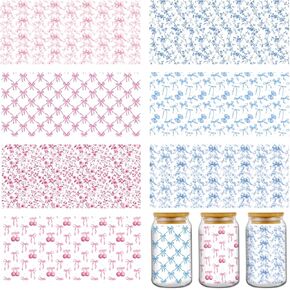 ملصقات Coquettte Bows UV DTF - 8 أوراق من الأزرق والأبيض من الخزف الأشعة فوق البنفسجية UV DTF لفات لزجاجة مياه زجاجية 16 أوقية ، قم بنقل القوس الوردي شارات DIY القهوة القهوة الهدية للنساء