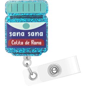 Blue Glitter Nurse Badge Reel with ID Clip, Sana Sana Colita De Rana Cute Badge Reel Retractable ID Tag Card Holder Clip, Funny Badge Reel for Nurse Student Teacher Doctor Medical Assistant