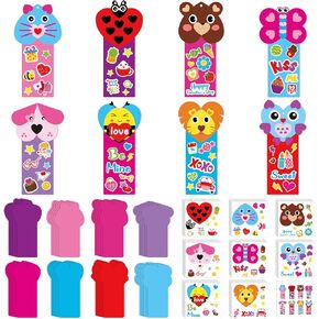 ANGOLIO Valentine's Day Bookmarks Craft Kits - 40Sets Valentine's Day Animals Craft for Kids DIY Make Your Own Heart Animal Set Self-Adhesive Face Stickers for Kids Classroom Gifts Party Supplies