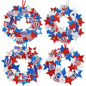 Openfly 12 Sets Patriotic Wreath Decorations, Independence Day DIY Foam Wreath Signs Craft Kit Patriotic Star Stickers Pom-poms Rhinestone for Boys Girls Classroom Home Activity