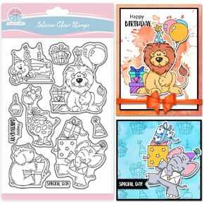 GLOBLELAND Jungle Animals Birthday Clear Stamps for Scrapbooking Birthday Wishes Silicone Stamps Cartoon Animals Sentiment Transparent Stamp for Card Making DIY Embossing Journaling