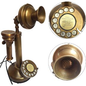 Handcrafted Antique Brass Old Time Rotary Dial Phone Replica Collectible Figurine Corded Decorative Candlestick