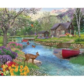 Bits and Pieces – 300 Piece Jigsaw Puzzle for Adults – Spring Cabin - Forrest River Boat Pier Flower Tree Nature Bloom Jigsaw Puzzle by Artist Bigelow Illustrations, Completed Puzzle Size: 18" x 24"