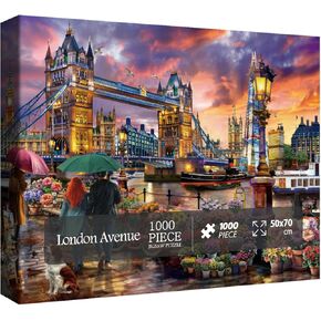 London Sunset Landscape Puzzle 1000 Pieces for Adult, Europe City Travel Jigsaw Puzzle, Flower Boat Scenic Puzzle for Home Decor