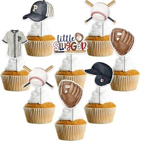 24pcs Baseball Cupcake Toppers, Baseball Baby Shower Decorations, A Little Slugger Cupcake Toppers for Oh Boy Baseball Sports Baby Shower Decorations