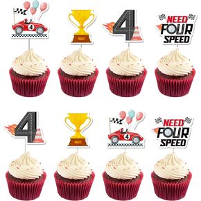 Need Four Speed Birthday Decorations Boy, 24pcs Race Car 4th Birthday Party Decorations Cupcake Toppers for Boy 4 Year Old Birthday