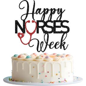 Happy Fanses Week Cake Topper ، شكرًا لك الممرضات ، زخارف عيد الممرضات السعيدة ، نقدر لك ، وممرضات تقدير الأزخار في أسبوع الحفلات ، واللمعان الأسود والأحمر