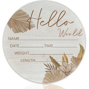 Baby Announcement Sign for Newborn Boys and Girls, Hello World Newborn Sign, Nursery Wall Décor, Baby Name Sign, Floral Theme Birch Wood 6 inch Circle Board Birth Stat Sign, Newborn Gifts