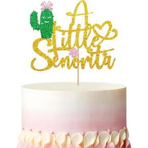 A little Senorita Cake Topper, Mexican Fiesta It's A Girl Cake Decor, Gold Glitter Fiesta Cautus baby Shower Cake Topper for Girl, Spanish Themed First Birthday/Gender Reveal Party Decoration