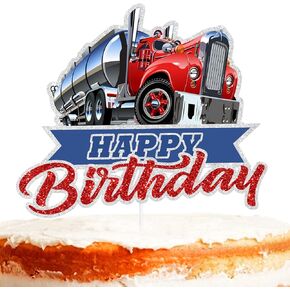 Red Glitter Happy Birthday Cake Topper for Truck Off-road Mountain Theme Decor Supplies 1st Baby Shower Boys Girls Kids Family Party Decorations