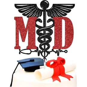 MD Cake Topper ، تهانينا دكتوراه في الطب ، الناجين من مدرسة Med ، مستلزمات زخارف حفلات التخرج من كلية الطب ، بريق أسود وأحمر