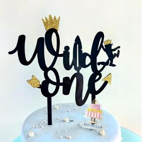 كبير الأكريليك البري واحد الكعكة - الديكور العدد لحفلة عيد ميلاد الطفل - طبقة سوداء و Glitter الذهبية المزدوجة ، 6x7 بوصة