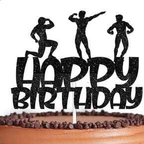Black Glitter Muscle Men Happy Birthday Cake Topper Cheer to Gym Fitness Weight Lifting Sports Theme Decorations Men Boys Birthday Anniversary Party Decor Supplies