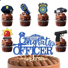 Blue Glitter 1pcs Cake Topper 12pcs Cupcake Topper Pick for Congrats Officer Policeman Theme Decor Supplies Boys Girls College Graduation Party Decorations