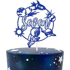 Outer Space Seven Cake Topper, Astronauts 7th Birthday Cake Decorations, Level 7 Unlocked Cake Decor, Planet Theme Happy 7th Birthday Party Decoration Supplies