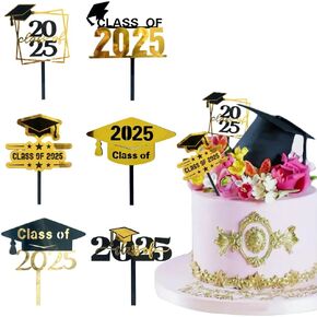 6 PCS Cake Cake Toppers Class of 2025 Cake Decorations Gold Acrylic Cake Cakes for Grad Party Dessert Custer