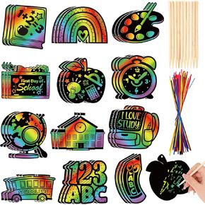 HOWAF 36pcs Back to School Scratch Paper Art Kit,First Day of School Rainbow Scratch Off Cards for Holiday Activity School DIY Drawing Project Supplies,Welcome Back School Paper Scratch Pad for Kids