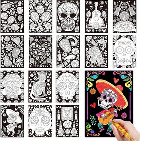 Petcee Day of the Dead Coloring Posters 16pcs ملصق ورق السكر الجمجمة للأطفال البالغين لتلوين موضوع مكسيكي ديا دي لوس مويرتوس ملصقات تلوين النشاط الحرفي للأطفال تلوين الملصقات الخاصة بك جدار AR