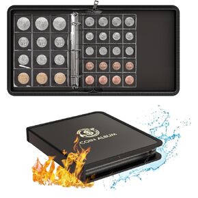 Oterri Coin Collection Book Holder for Collectors, Fireproof Coin Albums, Coin Book Organizer with 260 Pockets & 15 Sleeves, Challenge Coin, Penny Storage