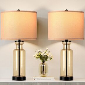 WIHTU 3 Color Temperature Table Lamps Set of 2 with USB C & A Ports, 27'' Modern Glass Table Lamp for Living Room, Brown Farmhouse Lamp with Linen Shade, Bedside Lamps for Nightstands(Bulbs Included)