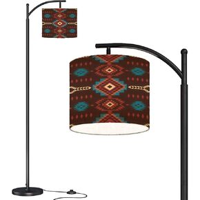 Modern Arc Floor Lamp with Dimmer Mid Century Native American Southwest Seamless Tribal Geometric Print Ethnic Metal Standing Lamp with Linen Shade Footswitch for Living Room Bedroom Office