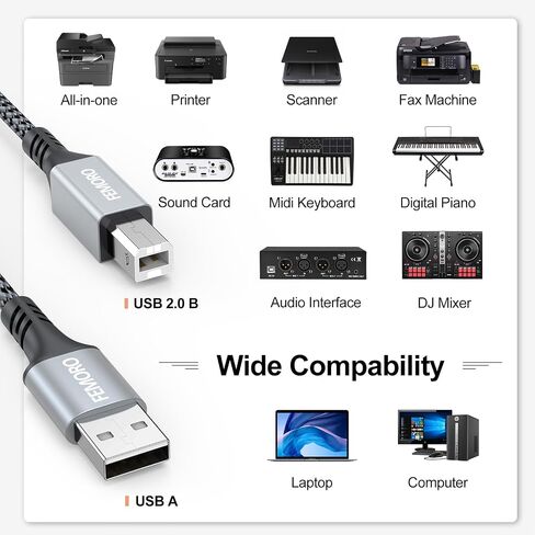 FEMORO Printer Cable 10 Feet, USB A to B Printer Cable USB 2.0 Type B Cables Long Cord Braided for Hp Canon Brother Dell Lexmark Xerox Dac Piano Midi Controller Computer in Saudi Arabia