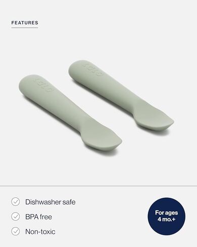 Lalo Little Spoon Set - 2 Piece Baby Spoons Set for Infants & Babies - Made From Food Grade Silicone Dishwasher Safe - Baby Feeding Essentials for Early Stage Mealtime - Olive in Kuwait