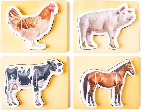 Wooden Montessori Animal Puzzles for Toddlers 2+ Years - Realistic Chunky Safari Animal Shape Puzzle - Educational Learning Toy in Kuwait