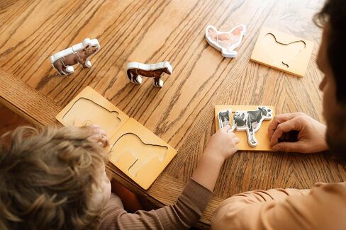 Wooden Montessori Animal Puzzles for Toddlers 2+ Years - Realistic Chunky Safari Animal Shape Puzzle - Educational Learning Toy in Kuwait