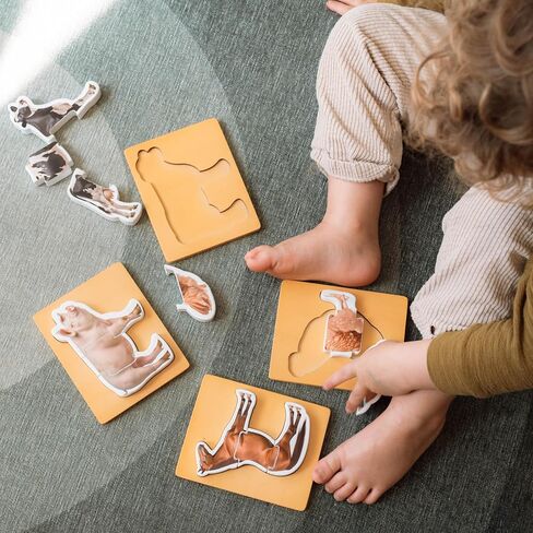 Wooden Montessori Animal Puzzles for Toddlers 2+ Years - Realistic Chunky Safari Animal Shape Puzzle - Educational Learning Toy in Kuwait
