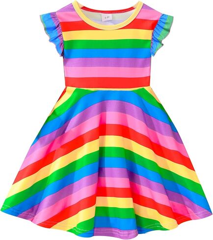 Tkria Toddler Girls Swing Dress Baby Girl Rainbow Dress Striped Fall Dress Cartoon Colourful Long Sleeve Casual Dressy 2-7T in Kuwait