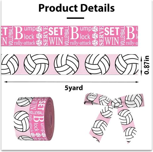 2 Rolls 5 Yards Sports Volleyball Ribbon for Crafting Sewing, 7/8 Inch Pink Grosgrain Ribbons for Gift Wrapping, Track Field Balls Ribbons for Hair Bow Cheerleader Accessories in Saudi Arabia