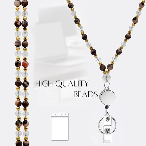 Retractable Lanyards for ID Badges and Keys, Durable Natural Stone Beaded Lanyard for Teacher Women in Saudi Arabia
