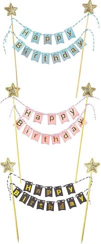 Leadigol 3pcs Happy Birthday Cake Topper Garland,Happy Birthday Cake Topper Banner,Handmade Pennant Flags with Wooden Pole,Birthday Party Cake Decoration Supplies in Saudi Arabia