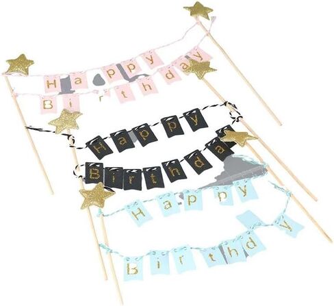 Leadigol 3pcs Happy Birthday Cake Topper Garland,Happy Birthday Cake Topper Banner,Handmade Pennant Flags with Wooden Pole,Birthday Party Cake Decoration Supplies in Saudi Arabia