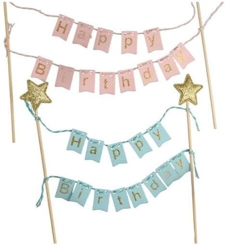 Leadigol 3pcs Happy Birthday Cake Topper Garland,Happy Birthday Cake Topper Banner,Handmade Pennant Flags with Wooden Pole,Birthday Party Cake Decoration Supplies in Saudi Arabia