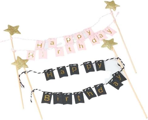 Leadigol 3pcs Happy Birthday Cake Topper Garland,Happy Birthday Cake Topper Banner,Handmade Pennant Flags with Wooden Pole,Birthday Party Cake Decoration Supplies in Saudi Arabia