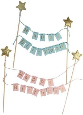 Leadigol 3pcs Happy Birthday Cake Topper Garland,Happy Birthday Cake Topper Banner,Handmade Pennant Flags with Wooden Pole,Birthday Party Cake Decoration Supplies in Saudi Arabia
