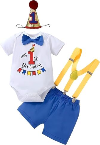 ملابس عيد الميلاد الأول للأطفال الرضع بأكمام قصيرة وربطة عنق على شكل فيونكة ومجموعة حمالات مع قبعة ملابس عمرها عام واحد in Kuwait