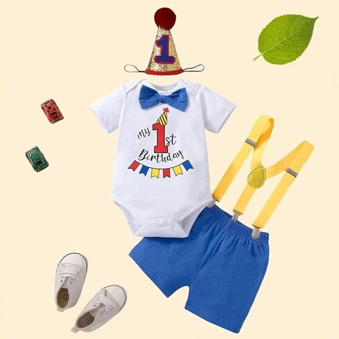 ملابس عيد الميلاد الأول للأطفال الرضع بأكمام قصيرة وربطة عنق على شكل فيونكة ومجموعة حمالات مع قبعة ملابس عمرها عام واحد in Kuwait