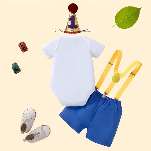 ملابس عيد الميلاد الأول للأطفال الرضع بأكمام قصيرة وربطة عنق على شكل فيونكة ومجموعة حمالات مع قبعة ملابس عمرها عام واحد in Kuwait