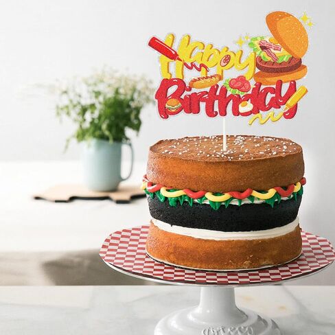 Hamburger Happy Birthday Cake Topper, Fast Food Cake Decor,French Fries Hamburger Hot Dog Party Supplies for Birthday, Baby Shower, Carnival, Fast Food Snacks BBQ Party Decorations in Saudi Arabia