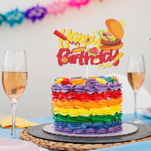 Hamburger Happy Birthday Cake Topper, Fast Food Cake Decor,French Fries Hamburger Hot Dog Party Supplies for Birthday, Baby Shower, Carnival, Fast Food Snacks BBQ Party Decorations in Saudi Arabia