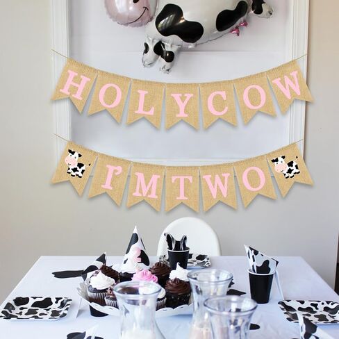 Holy Cow I'm One Banner Farm 1st Birthday Party Decoration Barnyard Burlap Garlands Western Boy Girl First Birthday Supplies White in Kuwait