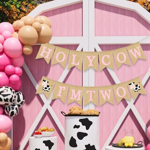 Holy Cow I'm One Banner Farm 1st Birthday Party Decoration Barnyard Burlap Garlands Western Boy Girl First Birthday Supplies White in Kuwait