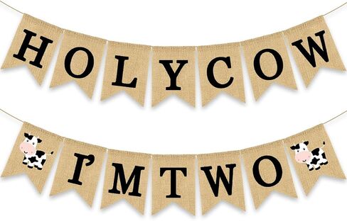 Holy Cow I'm One Banner Farm 1st Birthday Party Decoration Barnyard Burlap Garlands Western Boy Girl First Birthday Supplies White in Kuwait